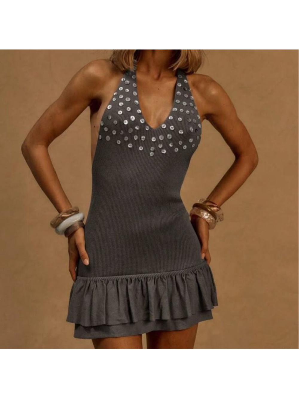 Coastal Cowgirl Knit Halter Mini Layered Ruffle Dress Pearl Buttons S Grey Taupe